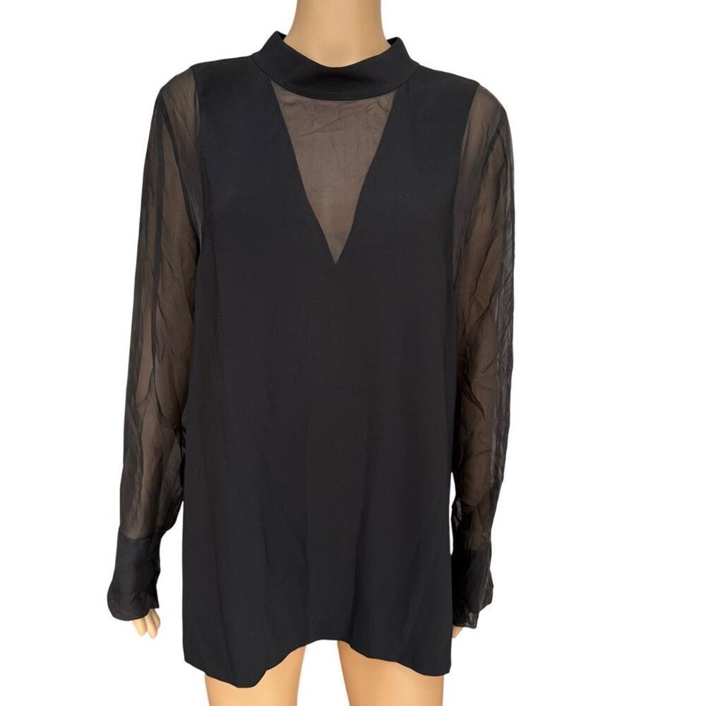 Anna Cate Nina Blouse Black Sheer Silk Long Sleeve High Collar Top Sz L